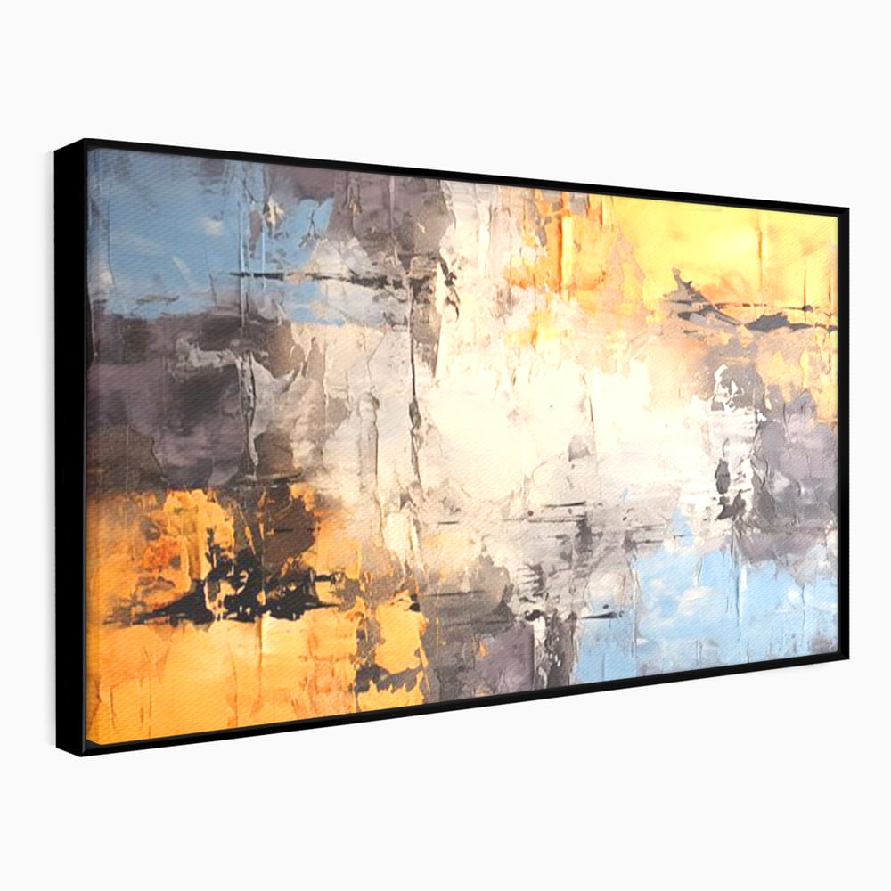 Tablou canvas cu pictura abstracta cu texturi portocalii si gri, in rama de aluminiu negru